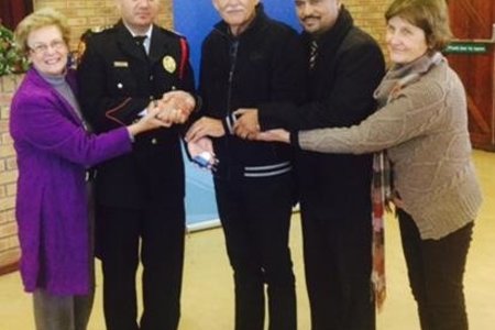 From ltr Overstrand Executive Mayor Nicolette Botha-Guthrie, Fire Chief Lester Smith, Hennie Zeelie, Neville Michaels (Director) and Angela Heslop (Head: Red Cross Hermanus)